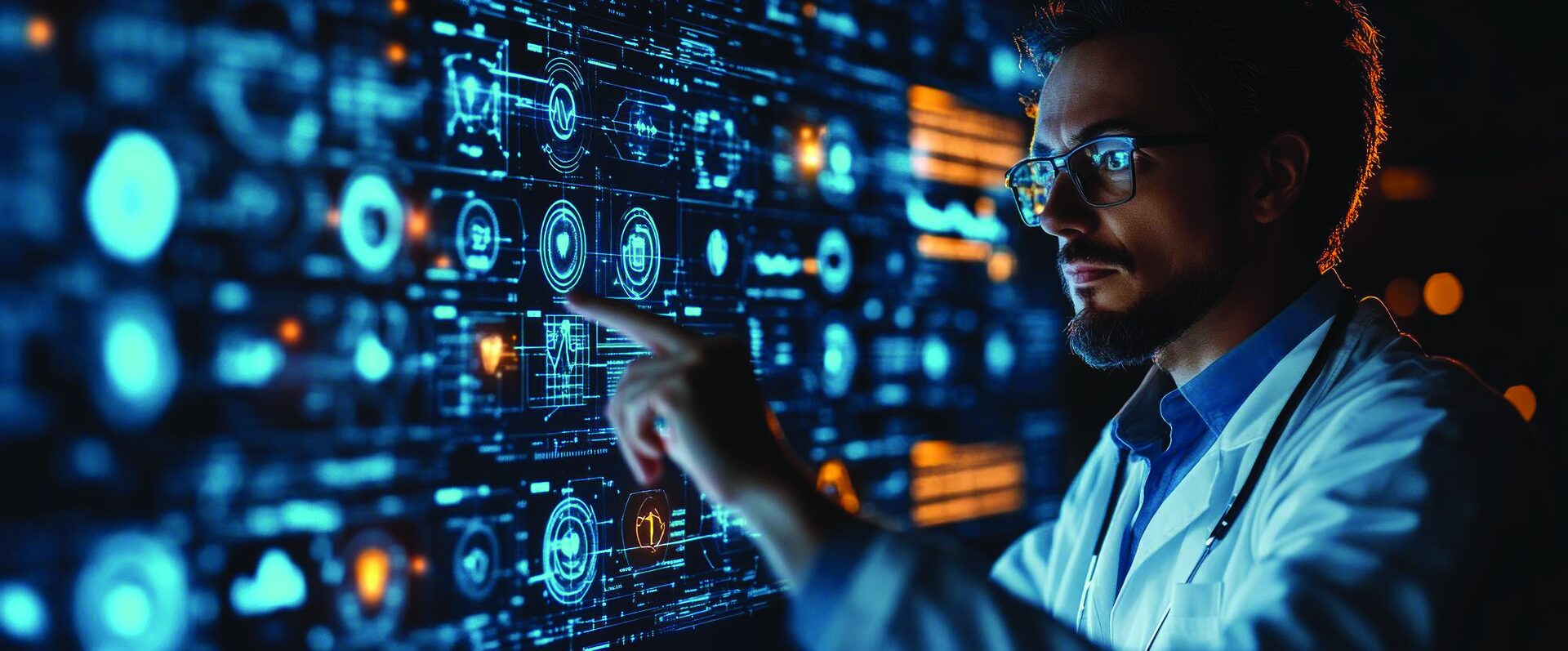 Clinician interacting with an AI-driven data interface surfacing archived patient records and imaging